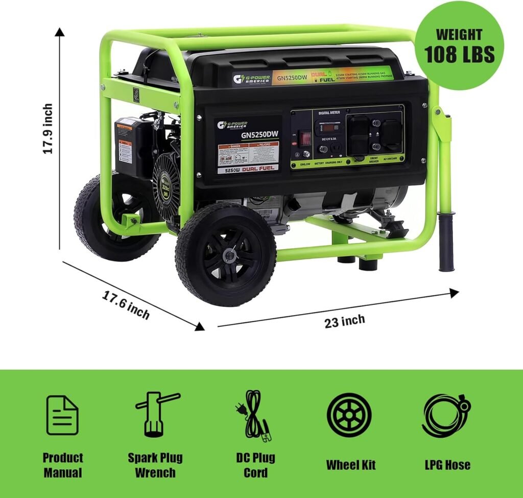 Dual Fuel Portable Generator 5250 Watt Gas or Propane Powered, Manual Recoil Start, 120v and 240v AC output, 12V-8.3A Charging Outlets, Home Back Up  RV Ready