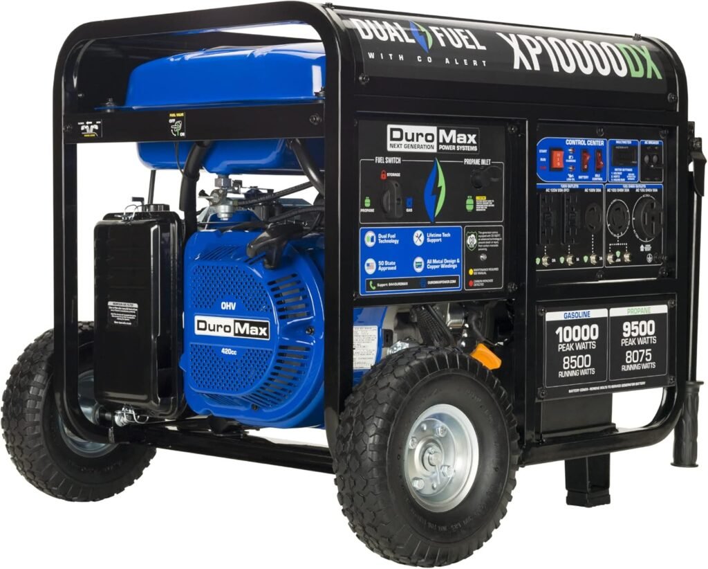 DuroMax XP10000DX 10,000-Watt/8,500-Watt 420cc Electric Start Dual Fuel Portable Generator w/CO Alert, Black/Blue