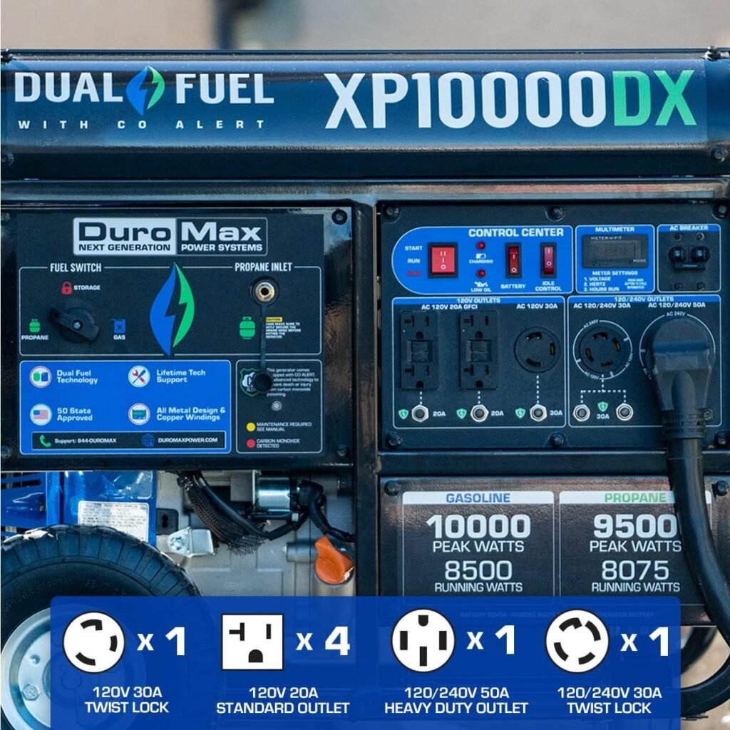 DuroMax XP10000DX 10,000-Watt/8,500-Watt 420cc Electric Start Dual Fuel Portable Generator w/CO Alert, Black/Blue