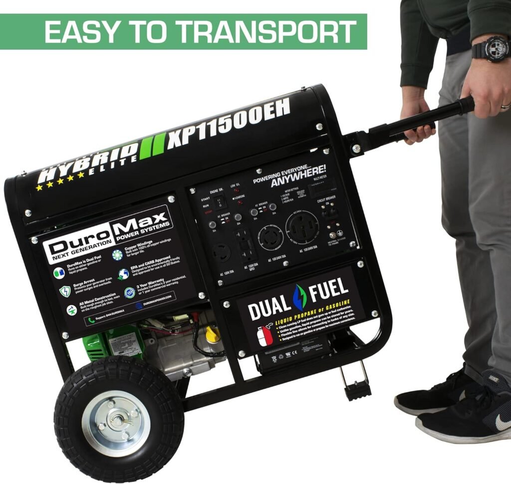 DuroMax XP11500EH Electric Start-Home Back Up  RV Ready, 50 State Approved Dual Fuel Portable Generator-11500 Watt Gas or Propane Powered, Green and Black