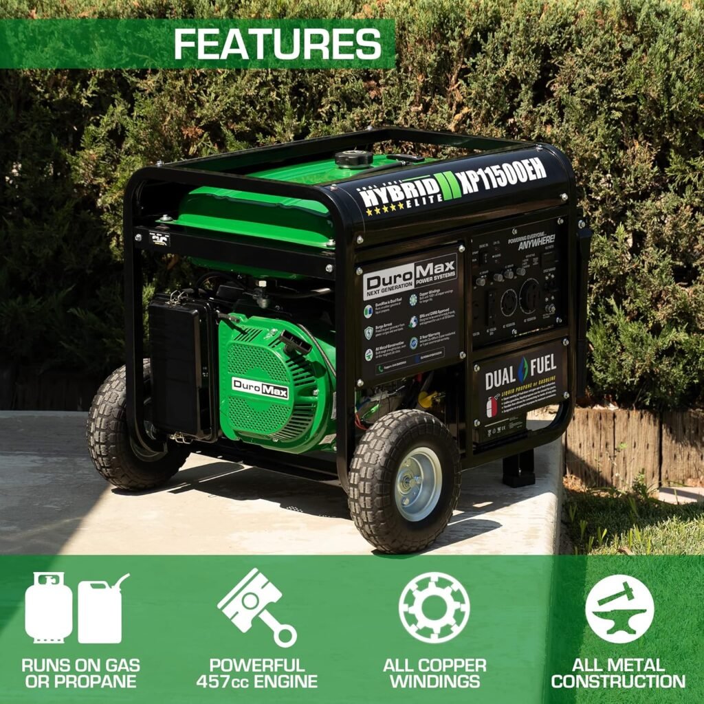 DuroMax XP11500EH Electric Start-Home Back Up  RV Ready, 50 State Approved Dual Fuel Portable Generator-11500 Watt Gas or Propane Powered, Green and Black