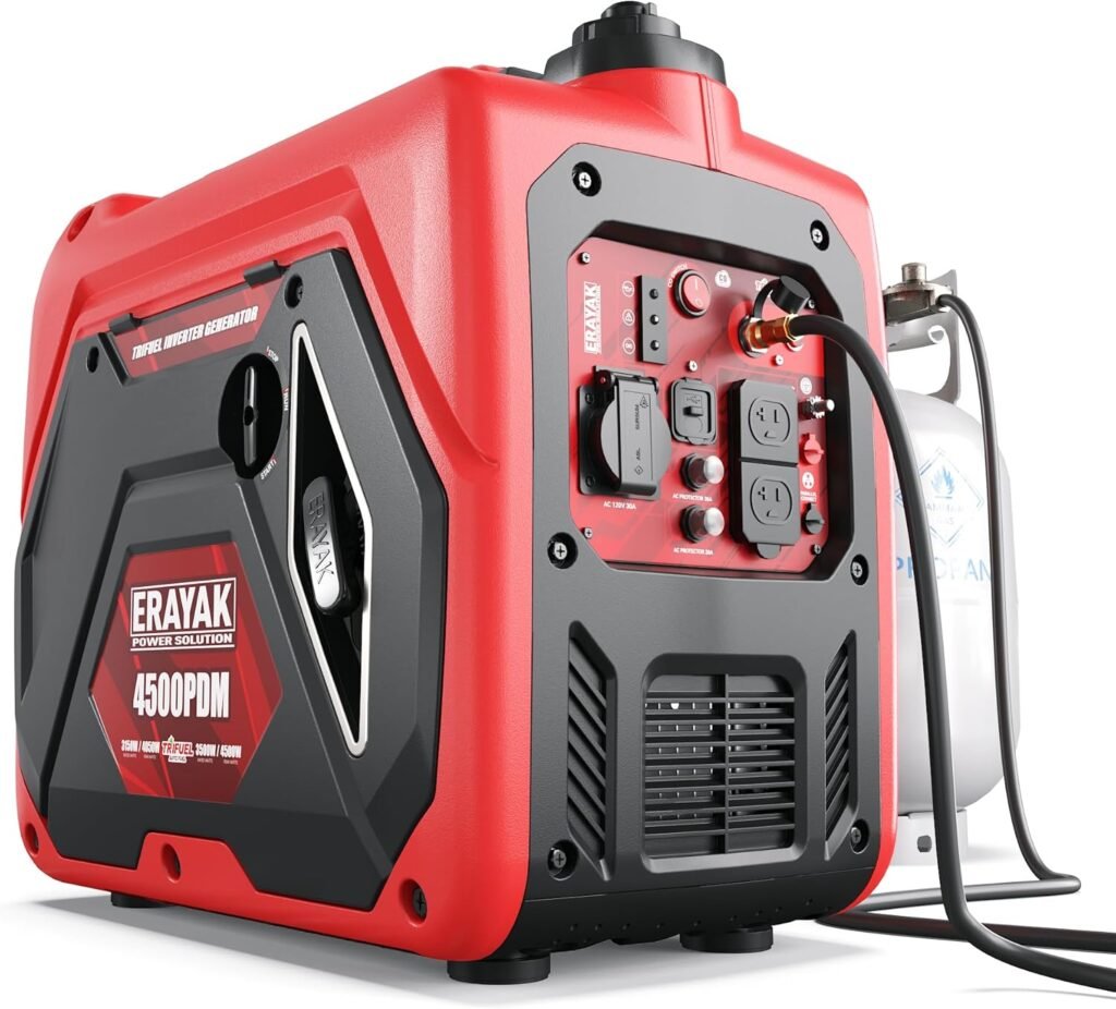 ERAYAK 4500W Tri-Fuel Portable Inverter Generator for Home Use, Camping Outdoor, 30A RV Ready, Auto Switch, Gas, Propane, and Natural Gas Powered, EPA, CO Sensor, Parallel Ready, Campact Design