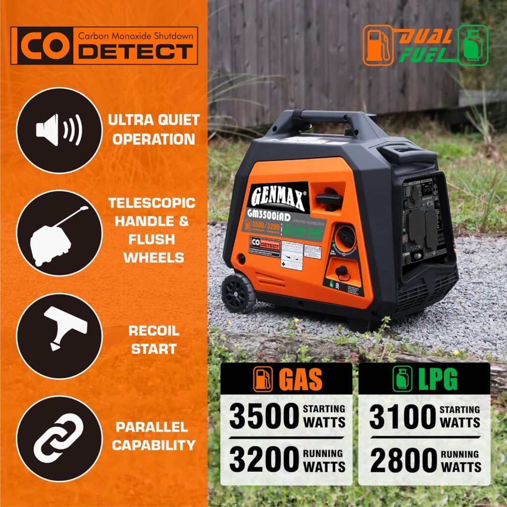 GENMAX Portable Generator, 3500W Super Quiet Gas or Propane Powered Engine with Parallel Capability, Manual start，Ideal for Camping Travel Outdoor.EPA Compliant
