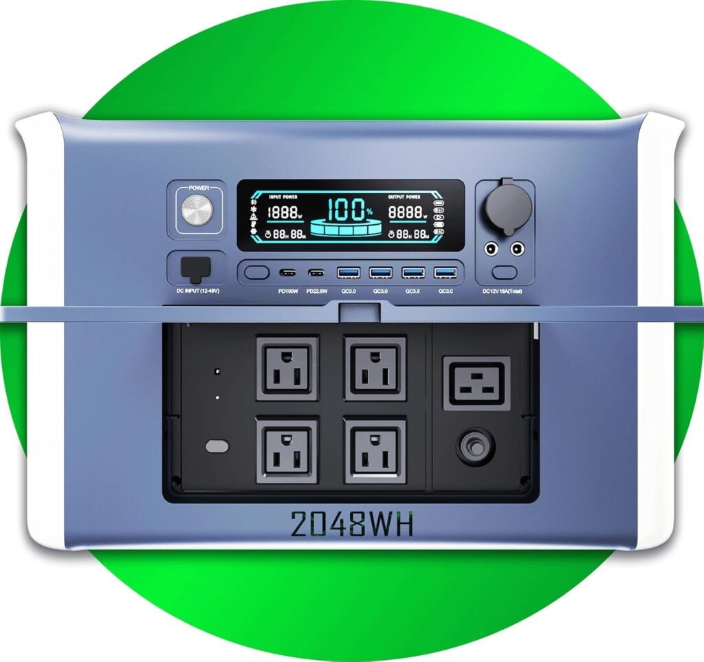 Portable Power Station, 2400W Peak 4800W, 2048Wh LiFePO4 Battery, 2 Hour Full Charge, for Home Backup, Outages, Camping (100W Outdoor Solar Charging Kit (AP2000+SP100))