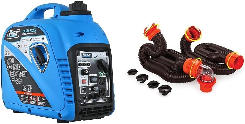 Pulsar 2,200W Dual Fuel Inverter Generator  Camco 20 RV Sewer Hose Kit with 4-in-1 Adapter