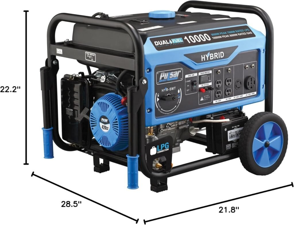 Pulsar PG10000B16 Portable Dual Fuel Generator-8000 Rated 10000 Peak Watts-Gas  LPG Electric Start-Switch--Go Build in, RV Ready-CARB Compliant, 10, 000W, Black
