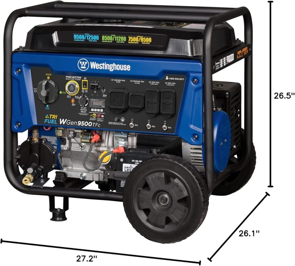 Westinghouse 12500 Peak Watt Dual Fuel Home Backup Portable Generator, Remote Electric Start, Transfer Switch Ready, Gas and Propane Powered, CO Sensor