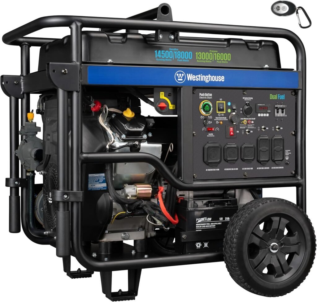 Westinghouse 18000 Peak Watt Dual Fuel Home Backup Portable Generator, Remote Electric Start, Transfer Switch Ready, Gas  Propane Powered, CO Sensor