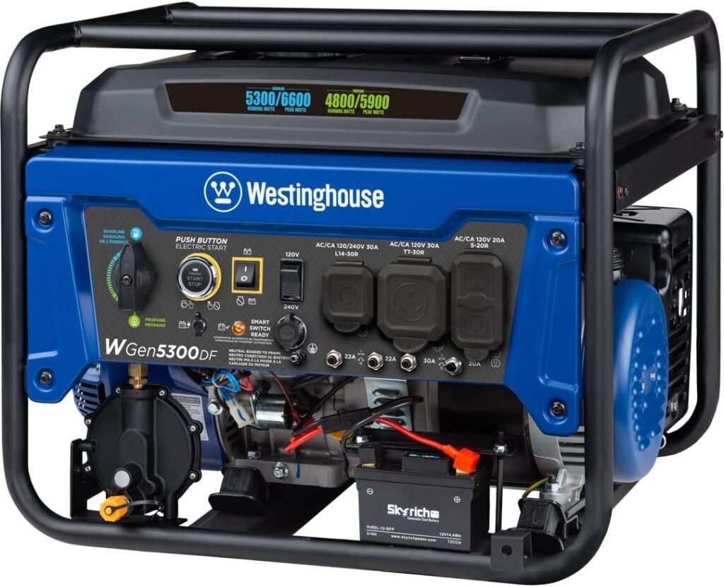 Westinghouse WGen5300DF Dual Fuel Home Backup Portable Generator, 6600 Watts, Remote Electric Start with Auto Choke, Transfer Switch Ready, RV Ready