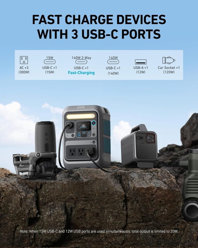 Anker SOLIX C300 Portable Power Station with Adjustable Strap, Outdoor 288Wh LiFePO4 Battery, 300W (600W Surge) Solar Generator, 140W Two-Way Fast Charging, for Camping, Traveling, and Emergencies.