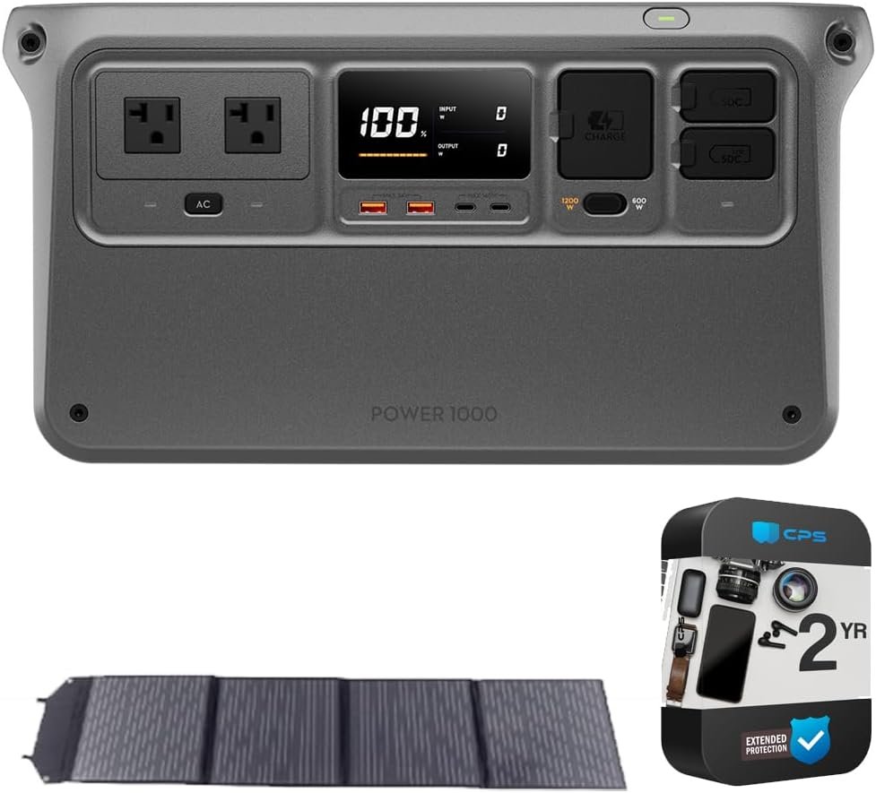 DJI CP.DY.00000051.01 Power 1000, Portable, High Capacity, Ultra- Quiet Outdoor Power Source Bundle with Deco Home Foldable, Portable 100W Solar Panel and 2 YR CPS Enhanced Protection Pack