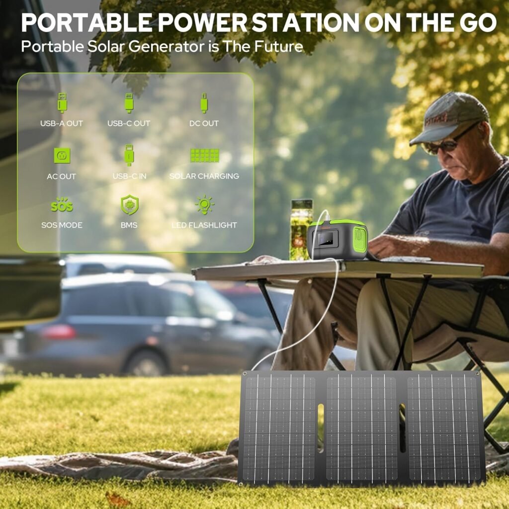 Portable Solar Generator with Solar Panel Included Portable Power Station 300W Pure Sine Wave with Foldable Solar Panel 60W Set for Camping Outdoor Hiking Fishing Emergency