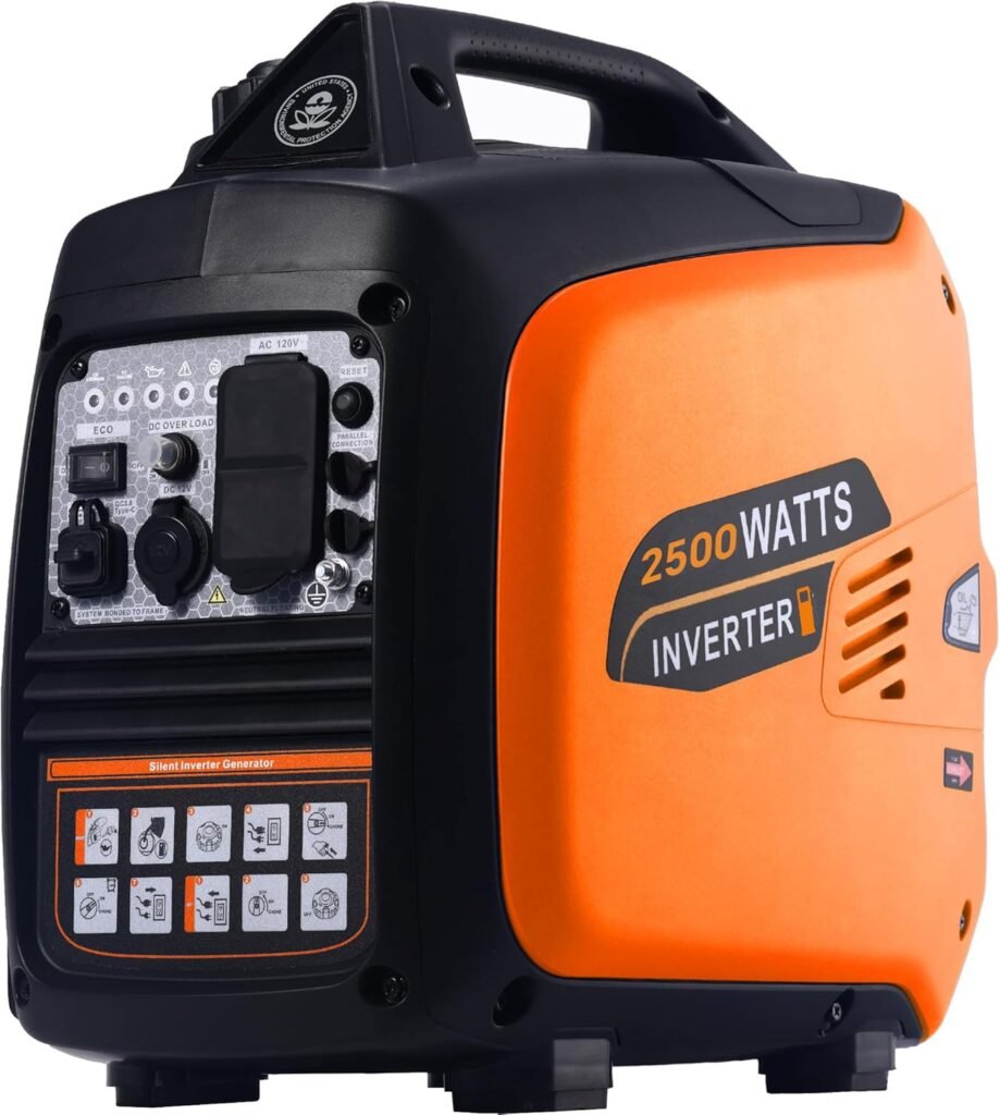 2500 Watt Portable Inverter Generator, Ultra-Quiet Long Runtime Gas Generator with CO-Sensor Fuel Off, Parallel function, for Camping, Tailgating, Home Emergency Use, EPA Compliant (Orange)