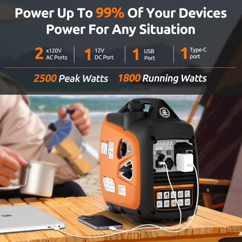 2500W Portable Inverter Generator, Gas Powered Generators with Eco Mode and CO Alarm, Long Run Time Outdoor Generator for Home, Camping, Tailgating  Emergency Backup, EPA Compliant, Parallel Capable