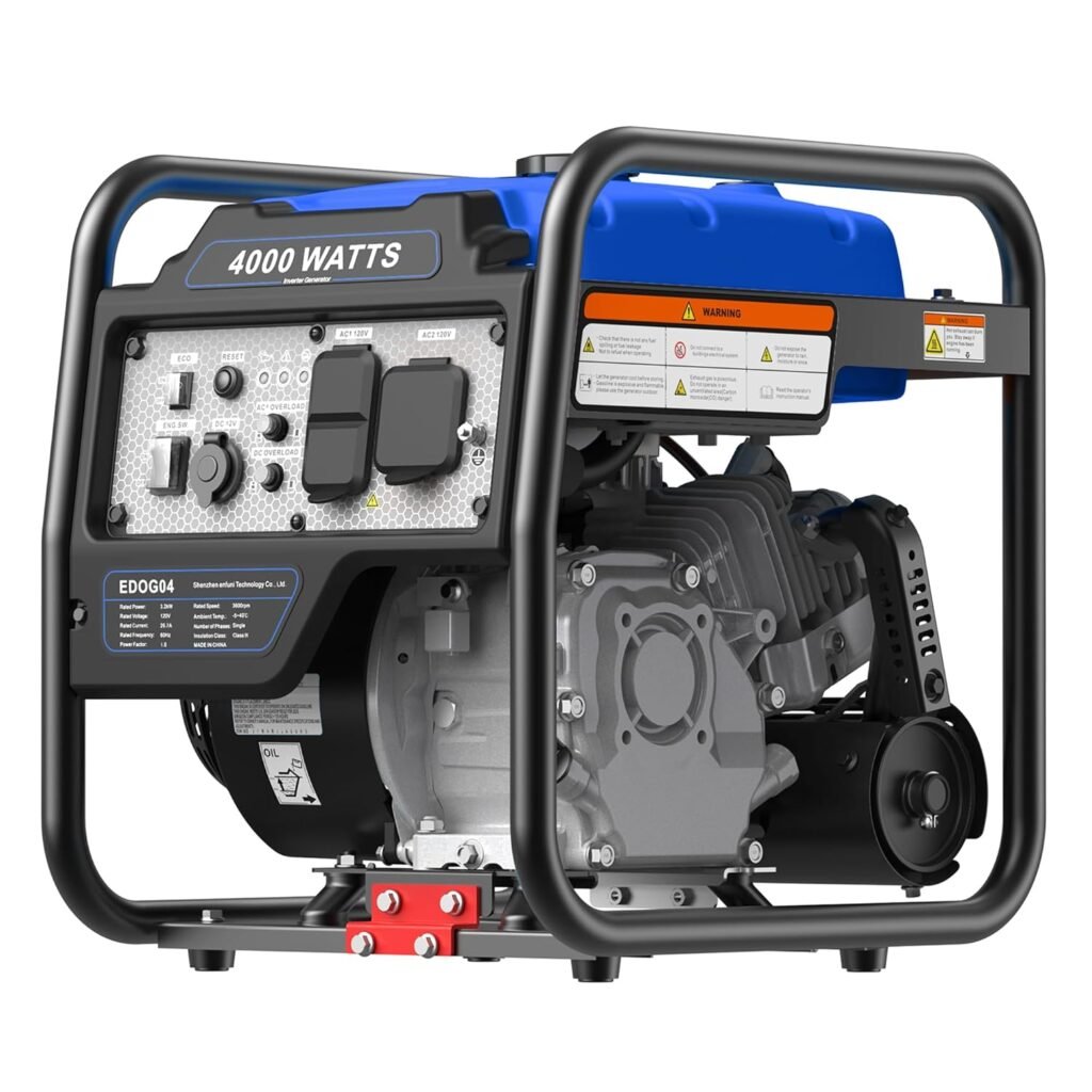 4000W Portable Inverter Generator, Gas Powered, Open Frame Generator with ECO Mode, Low Oil Shutoff, Quiet Operation  120V/30A RV Outlet, for Home Backup, Camping, Jobsite  Outdoor Use
