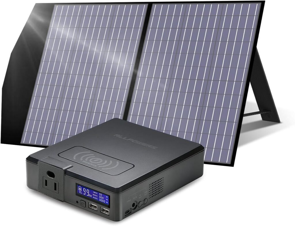 ALLPOWERS 200W Portable Power Station with 100W Foldable Solar Panel, 154Wh Solar Generator with Wireless Charging, Peak 240W, 1 Hour Fast Charging, 5 Outputs, for Camping, Emergency, RVs, Home