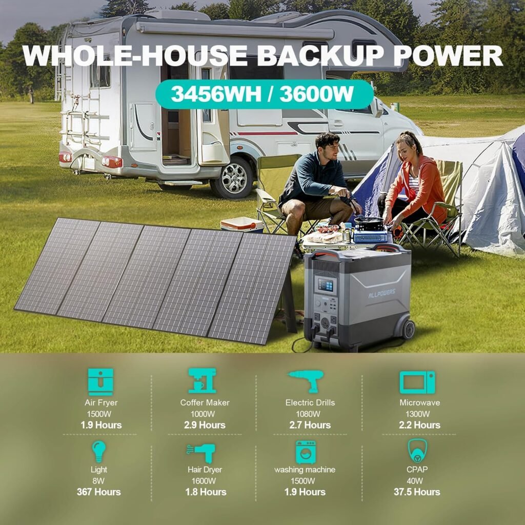 ALLPOWERS 3456Wh 3600W LiFePO4 Portable Power Station With 400W Portable Solar Panel Included, Portable Home Battery With 30A RV Outlet, Voice Control, UPS Solar Generator With Panel In