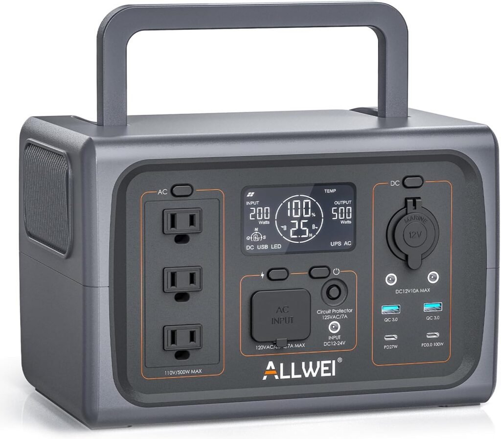 ALLWEI Portable Power Station 500W, 512Wh LiFePO4 Battery, UPS Function, 2.5Hrs Fast Charge, 3 AC Outlets(Surge 1000W), Solar Generator for Outdoor Camping RV CPAP Home Emergency