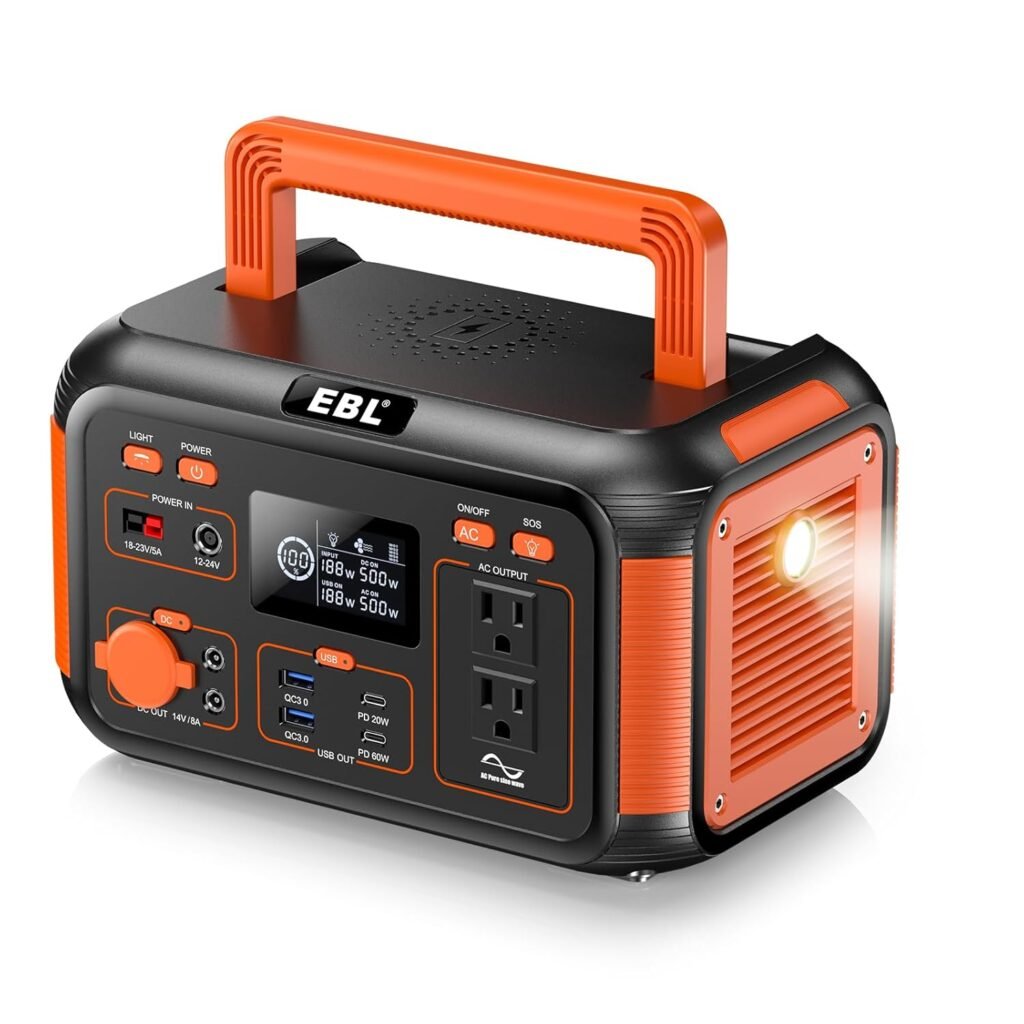 EBL Portable Power Station 500W, 444Wh Backup Lithium Battery, 500W Solar Generator For Outdoors Camping Travel Home Emergency Use (Solar Panel Optional)
