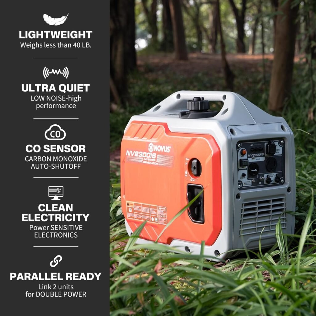NOVUS 2300-Watt Portable Inverter Generator with CO Sensor, Gas Powered, RV Ready, Quiet and Lightweight for Home Backup, Outdoor Camping, Parallel Capable, EPA Compliant