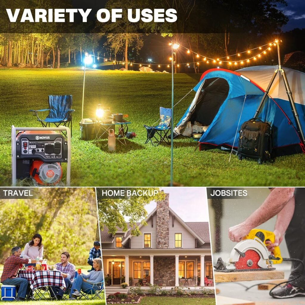 NOVUS 4000 Watts Open Frame Inverter Generator for Home Use, CO Sensor, Poratable Gas Generator for Camping, RV-Ready, Emergency Backup, Quiet  Lightweight, GFCI Outlets, EPA Compliant