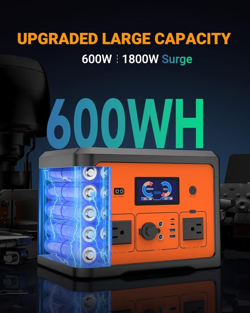 Portable Power Station 600W(Peak 1800W), Solar Generator with 384WH LiFePO4 Battery, 10 Outputs  UPS Battery Backup, Generators for Home Use, Camping, Emergency Power Outage, RV, CPAP