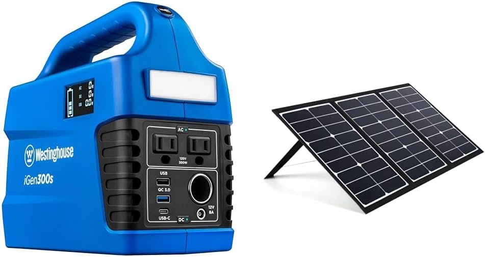 Westinghouse 296Wh 600 Peak Watt Portable Power Station and Solar Generator  Portable 60W Solar Panel for Portable Power Stations, iPhone, iPad, Tablets, Laptop