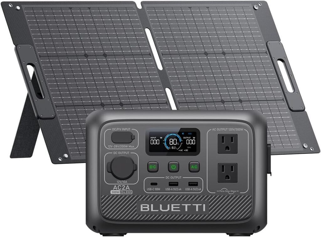BLUETTI AC2A Portable Power Station with 100W Solar Panel Included (Ships Separately), 204Wh LFP Battery Backup, w/ 2 300W (600W Power Lifting) AC Outlets, 0-80% in 40 Min, Solar Generator for Camping