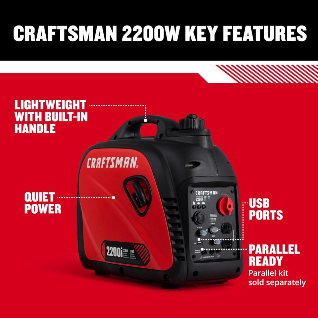 Craftsman C0010020 2,200-Watt Gas Portable Generator - Quiet  Powerful - Clean Power for Sensitive Electronics - Compact  Lightweight Design - Powered by Generac - 50-State/CARB Compliant