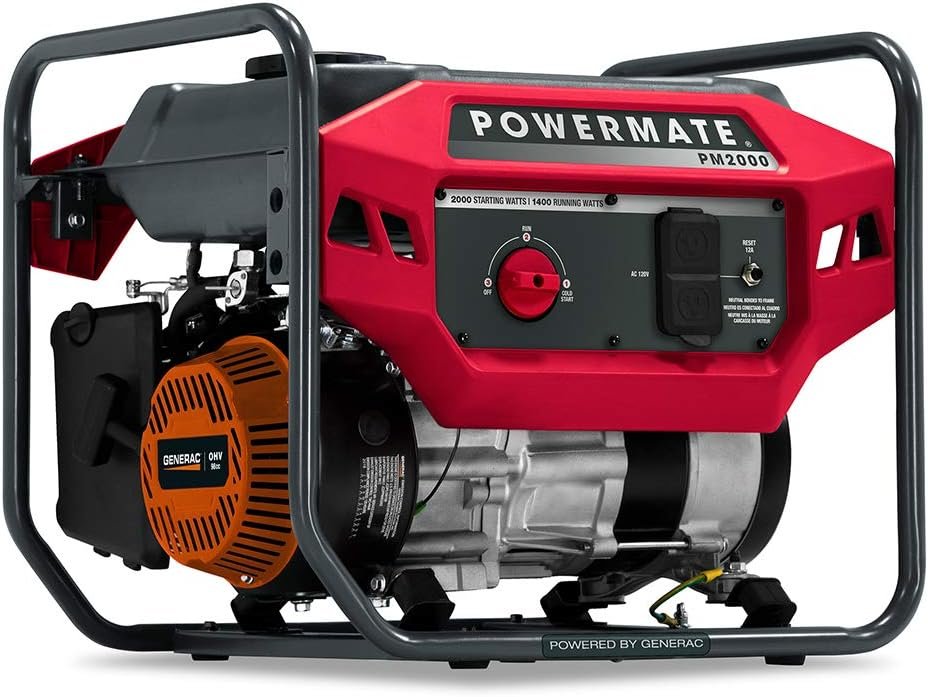 Powermate PM2000 2,000-Watt Gas-Powered Portable Open Frame Generator - Quiet Performance - Ideal for Home, Camping, RV and Outdoor Activites - Engine Powered by Generac - 49 State/CSA - Red/Black