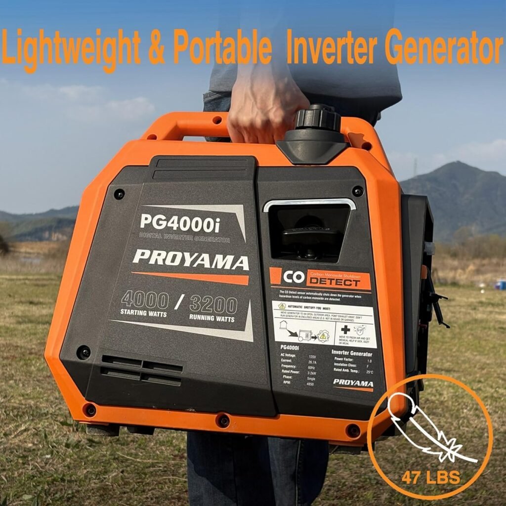 PROYAMA 4000W Portable Gas Inverter Generator, CO Sensor, Digital Interface, RV - Ready, LED Light, ECO - Mode, Parallel Capable, Low Oil Shutoff, Super Quiet and Lightweight with Weatherproof Cover