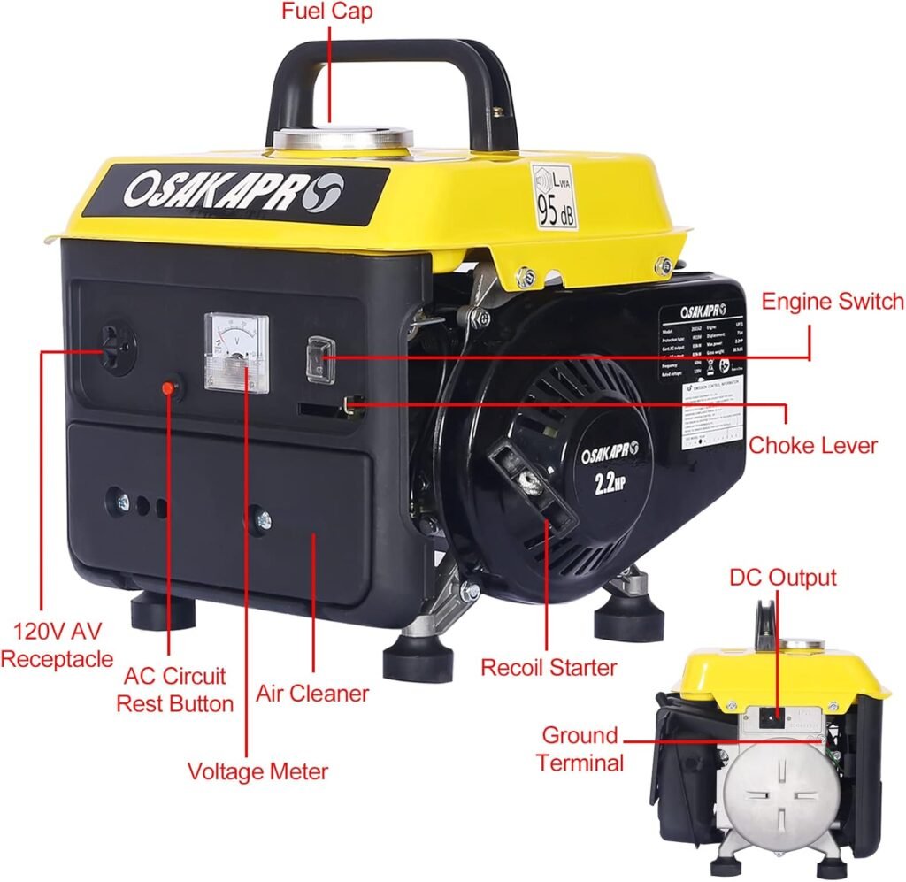 Rophefx Portable Gas Powered Generator 900W Low Noise Outdoor Little Camping Generator for Home Use, Black  Yellow