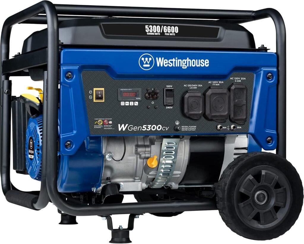 Westinghouse 6600 Peak Watt Home Backup Portable Generator, Transfer Switch Ready 30A Outlet, RV Ready 30A Outlet, Gas Powered, CO Sensor