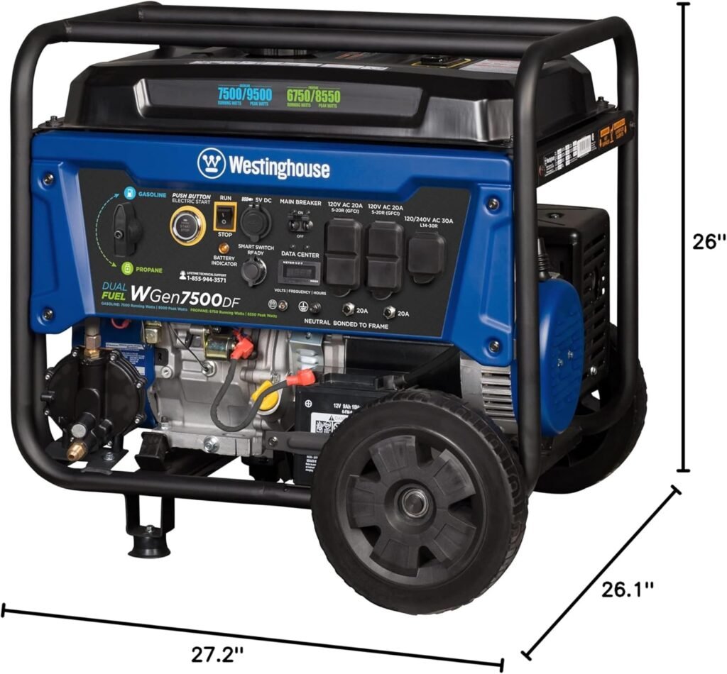 Westinghouse 9500 Peak Watt Dual Fuel Home Backup Portable Generator, Electric Start, Transfer Switch Ready, Gas  Propane Powered, CO Sensor