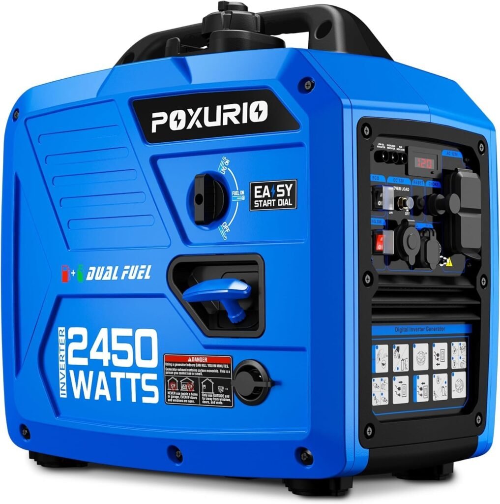 2450-Watt Dual Fuel Inverter Generator for Home Use, 1.6Gallon Large Fuel Tank Up to 8.3 Hours Use, 120V Gas Powered Generator Super Quiet, Blue