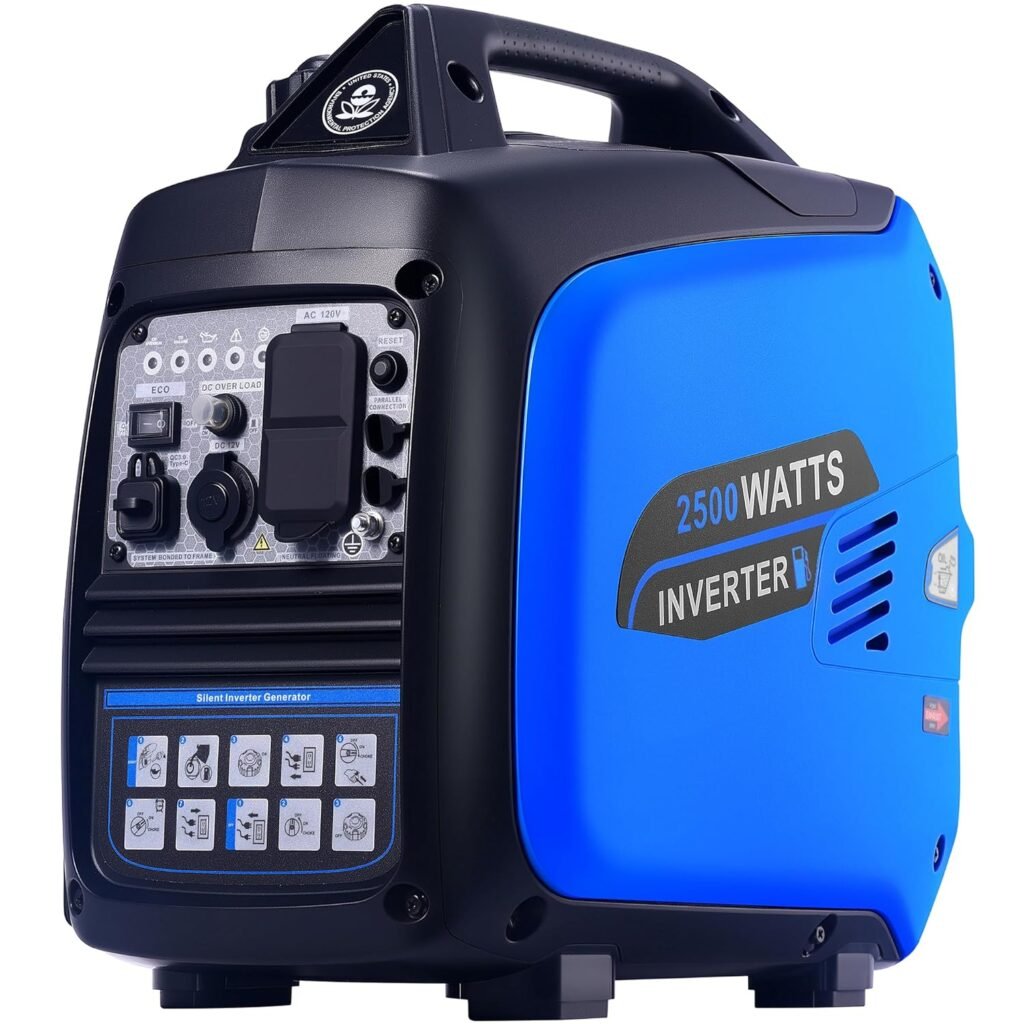 2500 Watt Portable Inverter Generator, Ultra-Quiet Long Runtime Gas Generator with CO-Sensor Fuel Off, Parallel function, for Camping, Tailgating, Home Emergency Use, EPA Compliant (Blue)