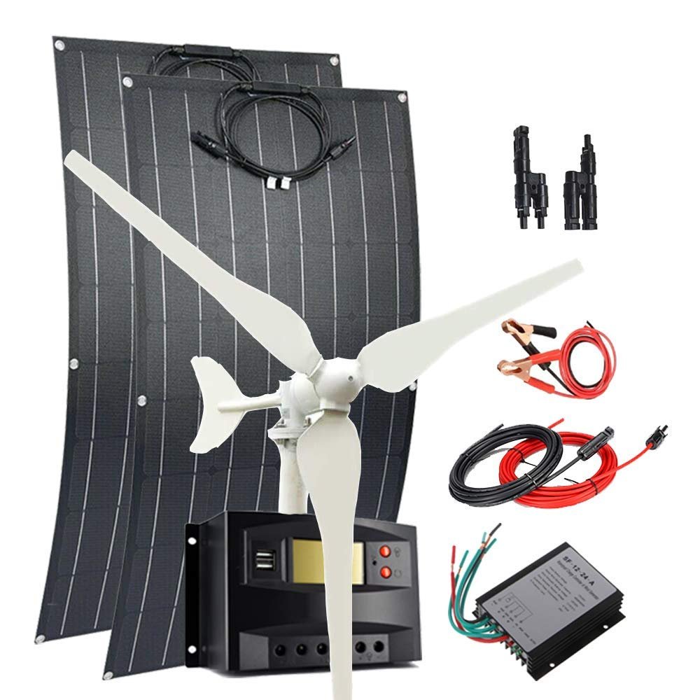 300W Solar Wind Power Kit Battery Charging System: 100W Wind Turbine Generator + 2pcs 100W Flexible Mono Solar Panel(Bump Surface) + Wind Controller + Solar Charge Regulator + Cables