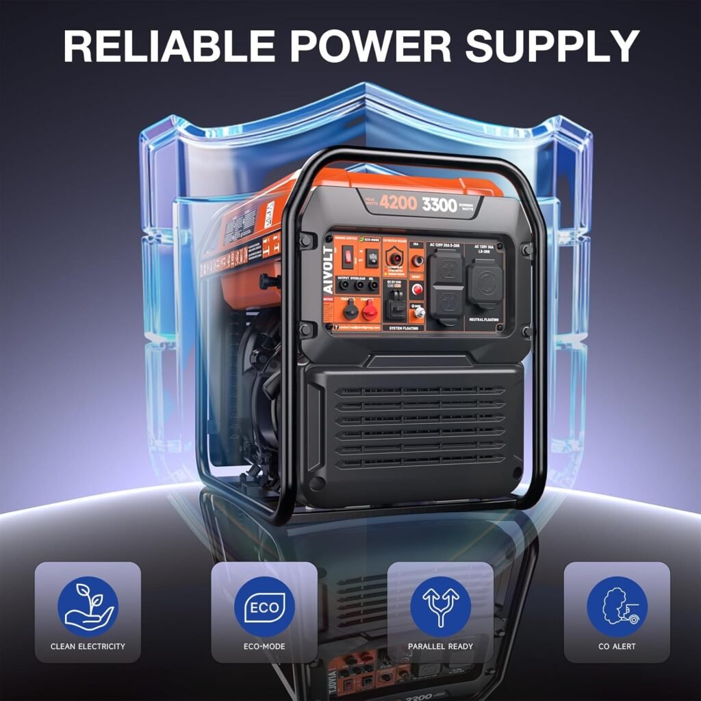 AIVOLT Portable Inverter Generator 4200W Gas Powered, Power Supply for RV/Camping/Worksite, with CO Sensor, Ideal Generators for Home Use, Outage Backup, Outdoor Activities