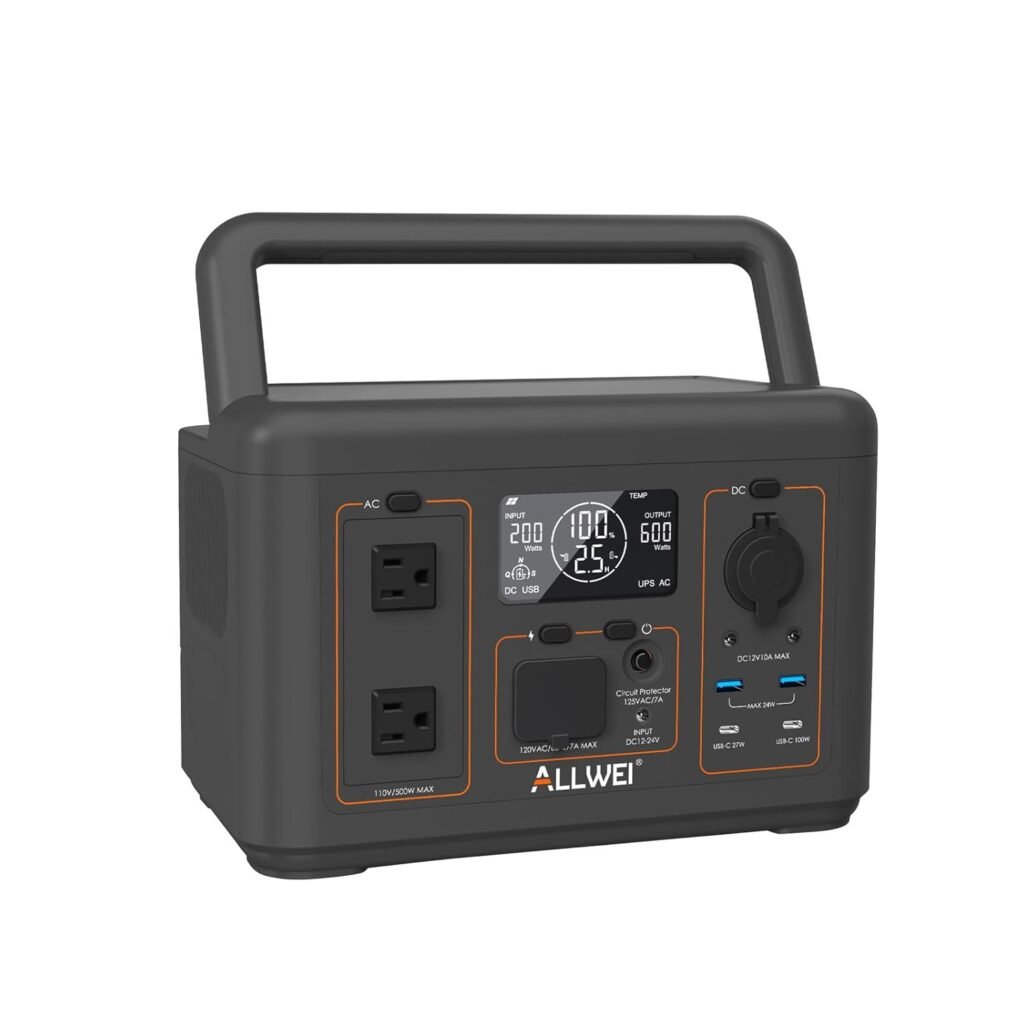 ALLWEI Portable Power Station 500W(Surge 1000W), 512Wh LiFePO4 Battery, Solar Generator Fast Charge, UPS Mode, 3 110V AC Outlets, Battery Generator for RV Camping Emergency Home Climbing Fishing