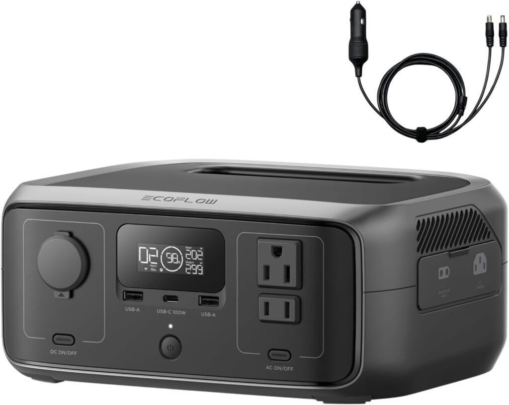 EF ECOFLOW Portable Power Station RIVER 3 with Car Cigarette Lighter to DC Power Adapter, 245Wh LFP Power Station, 2 Up to 600W AC Outlets, 20 MS UPS, 1Hr Fast Charging Solar Generator for Camping
