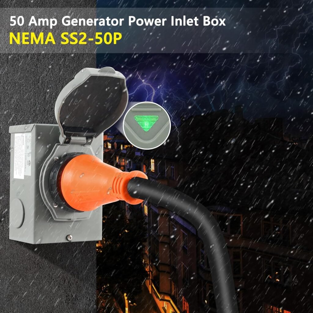 Finderomend 50 ft 50 Amp Generator Cord and Power Inlet Box Combo Kit, Pre-Drilled Generator Power Cord NEMA 14-50P to SS2-50R Extension Cord,for RV Truck Trailer Motorhome, 125/250 Volts