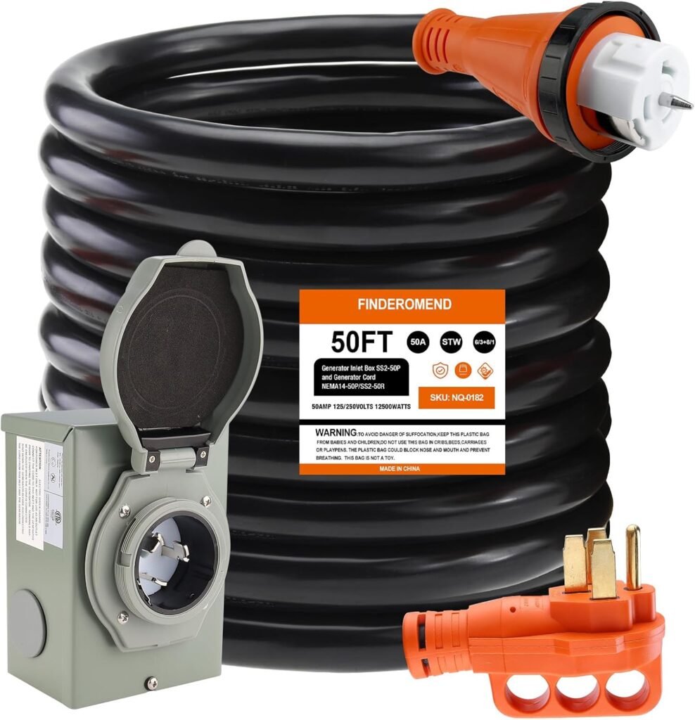 Finderomend 50 ft 50 Amp Generator Cord and Power Inlet Box Combo Kit, Pre-Drilled Generator Power Cord NEMA 14-50P to SS2-50R Extension Cord,for RV Truck Trailer Motorhome, 125/250 Volts