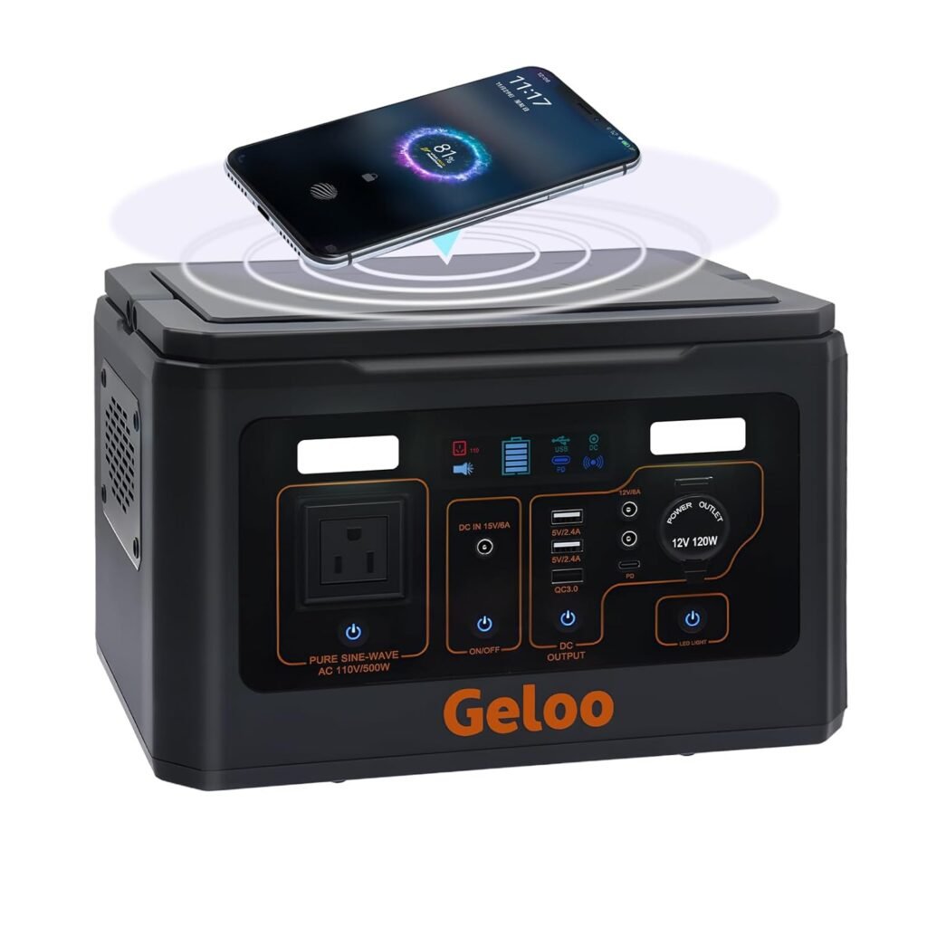 Geloo Portable Power Station 500W, Outdoor Solar Generator Battery Backup Power Supply, Portable Generator for Camping, Home Use, Backup Emergency,Fishing, Climbing, Outdoor Travel, RV/Van (Black)