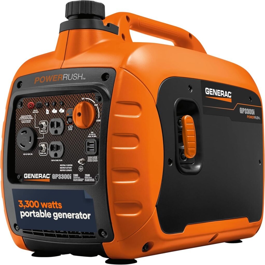 Generac 7153 GP3300i 3,300-Watt Gas-Powered Portable Inverter Generator - Lightweight Design - USB Ports for Mobile Device Charging - COsense Technology - CARB Compliant, Orange/Black