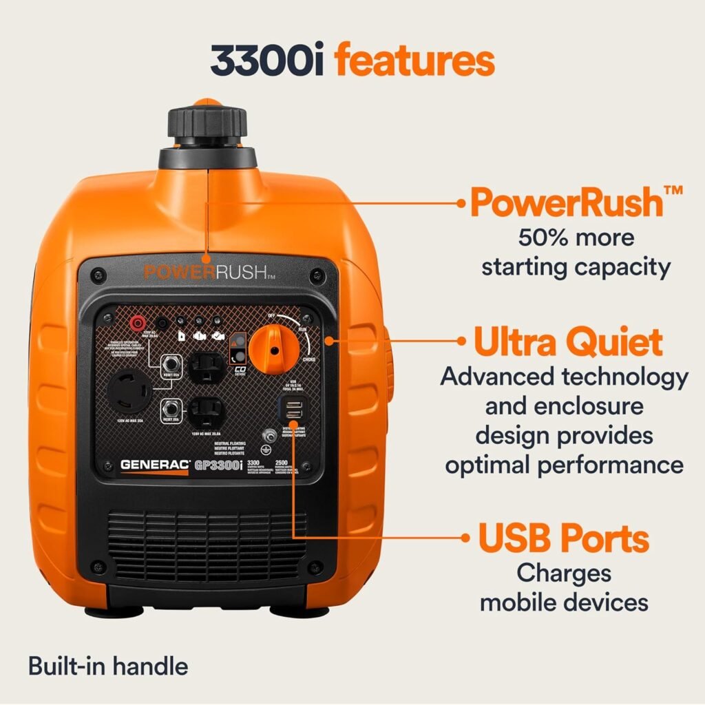 Generac 7153 GP3300i 3,300-Watt Gas-Powered Portable Inverter Generator - Lightweight Design - USB Ports for Mobile Device Charging - COsense Technology - CARB Compliant, Orange/Black