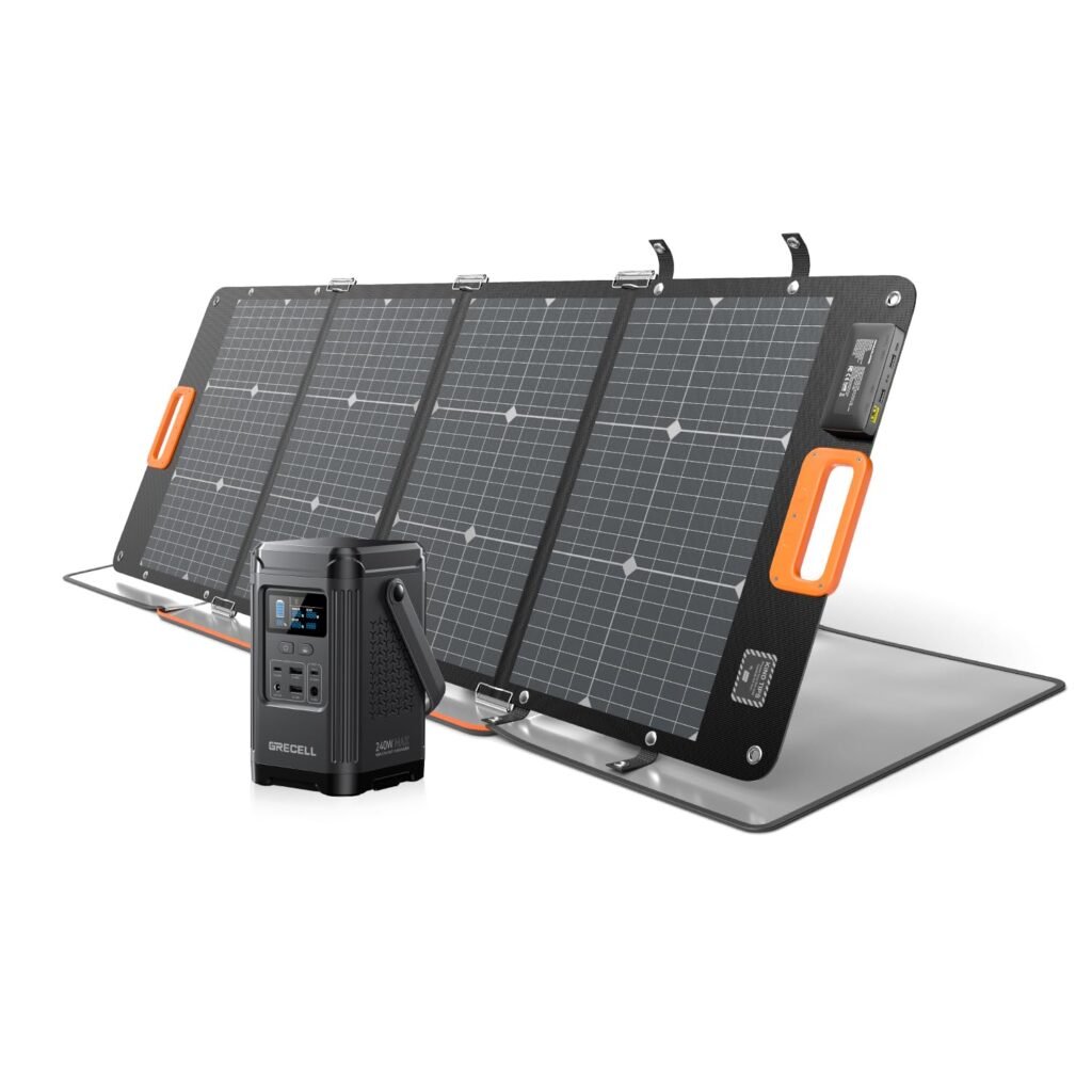 GRECELL 240W Portable Power Station with 120W Portable Bifacial Solar Panel, 153.6WH Solar Generator LiFePO4 Battery Dual Way 100W PD Camping, 21.6V Foldable Solar Panel with XT60 for Outdoor Travel