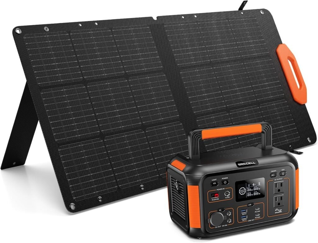 GRECELL Portable Solar Generator 500W with Solar Panel 100W, Portable Power Station 500W AC Outlet, 100W Panel 21.5V 5.5A for Home Use Outdoor Camping Backup Emergency