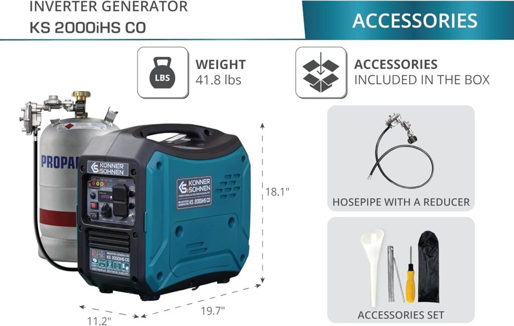 KonnerSohnen Inverter Generator - 2000 W, Dual Fuel, Lightweight and Portable, Super Quiet with CO Sensor and Fuel-Efficient Technology, LPG/Gas Powered (German brand, model: KS 2000iHS CO)
