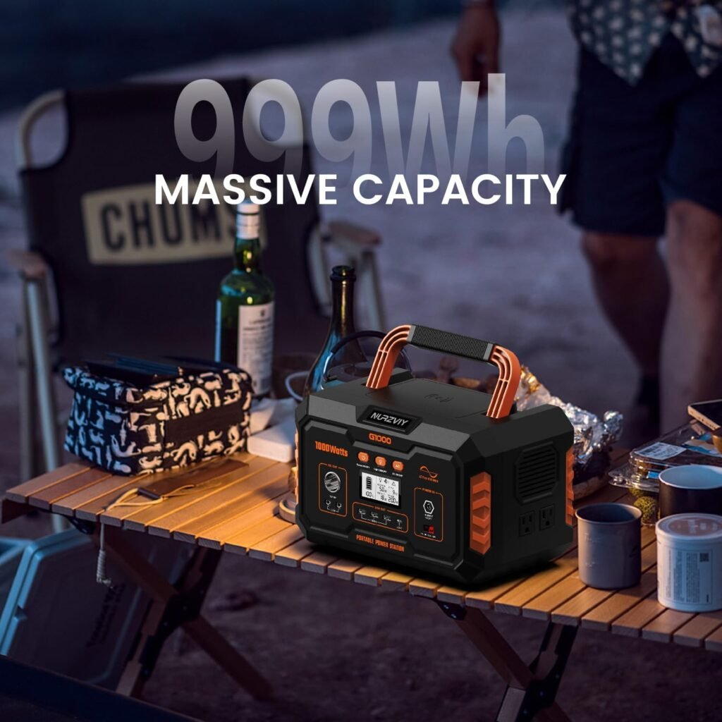 Portable Power Station G1000, 999Wh Lithium-ion Battery Backup w/ 2 1000W AC Outlets, Type-C, Wireless Charging Pad, Solar Generator for Road Trip, Off-grid, Power Outage