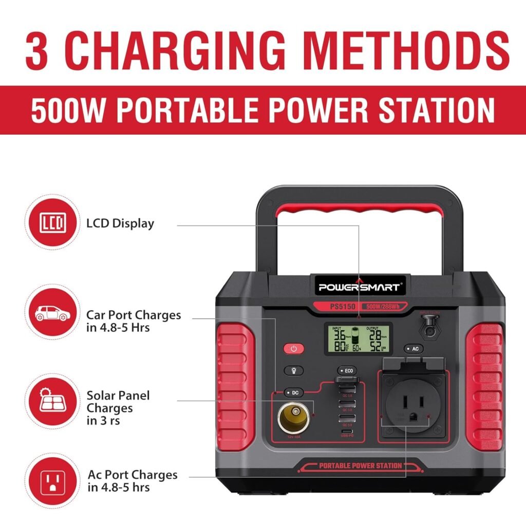 PowerSmart Portable Power Station, 288Wh Lithium Battery, 500W(Peak 1000W) AC Oulets/Wireless Charging, Solar Generator for Home Use and Camping (Solar Panel not Incloud)
